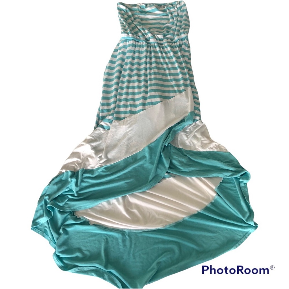 Bebe white blue strapless high low maxi dress
